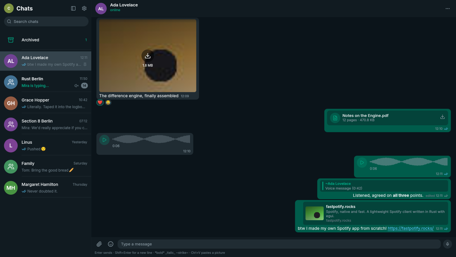 FastsApp showing a chat with a photo, a document, a voice message, a quoted reply, and a link preview
